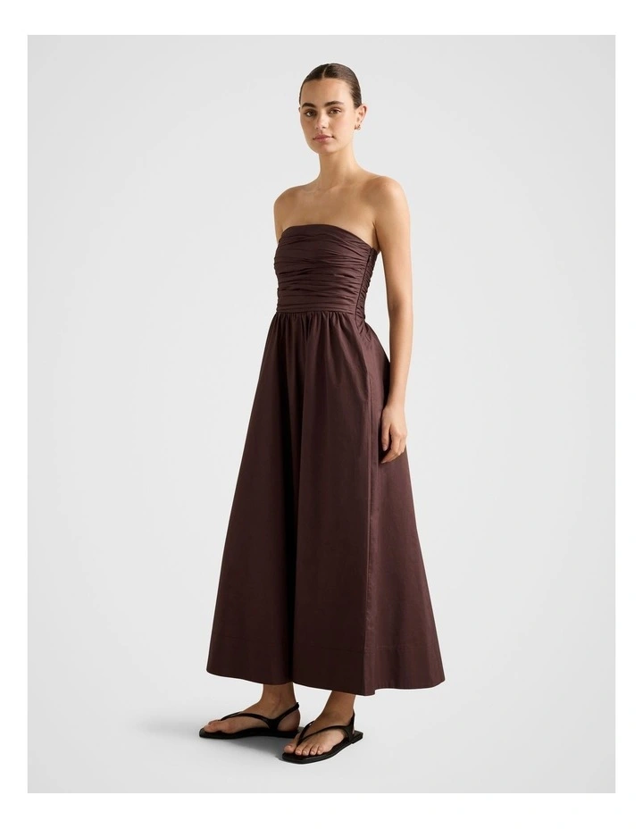 Matisse Ruched Strapless Cotton Midi Dress in Chocolate image 3