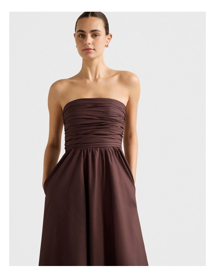 Matisse Ruched Strapless Cotton Midi Dress in Chocolate image 4