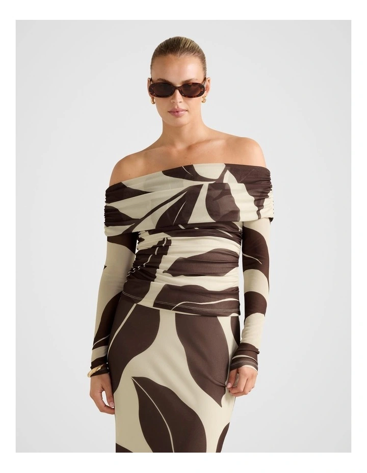 Kaia Ruched Mesh Bardot Top in Brown image 1