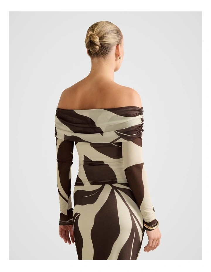 Kaia Ruched Mesh Bardot Top in Brown image 2