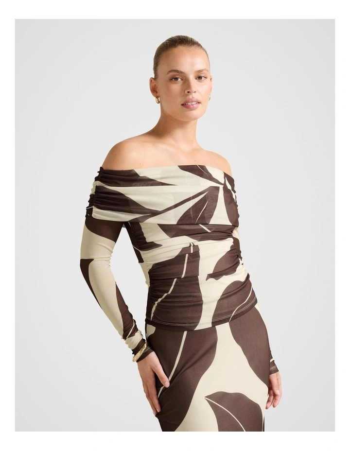 Kaia Ruched Mesh Bardot Top in Brown image 3