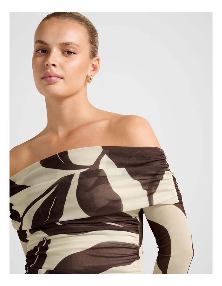 Kaia Ruched Mesh Bardot Top in Brown image 4