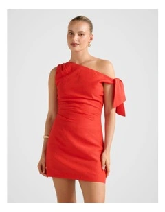 Cinzia Tipped Shoulder Linen Mini Dress in Red
