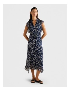 Maxwell Flutter Sleeves Midi Dress in Navy