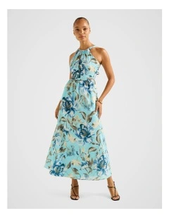 Dakota Printed Halter Neck Midi Dress in Blue