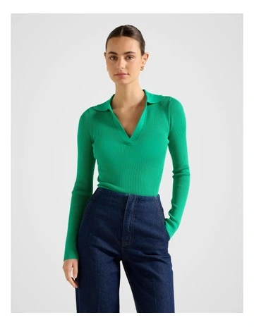 Zoey Scallop Detail Knitted Polo Top in Green