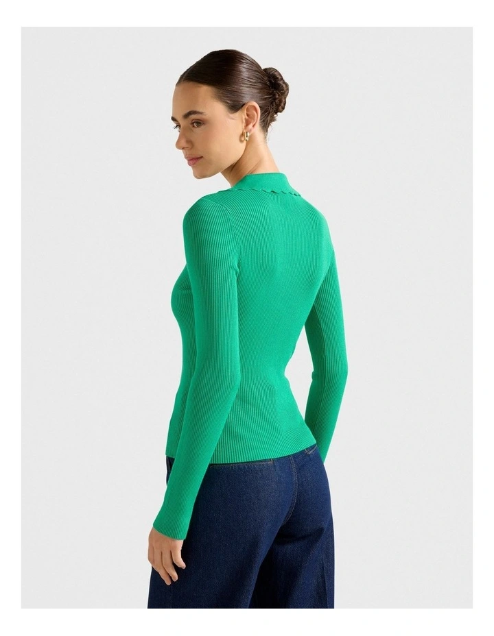 Zoey Scallop Detail Knitted Polo Top in Green image 2