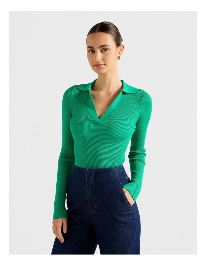 Zoey Scallop Detail Knitted Polo Top in Green image 3