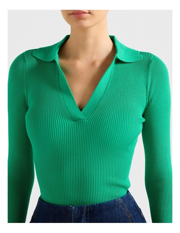 Zoey Scallop Detail Knitted Polo Top in Green image 4