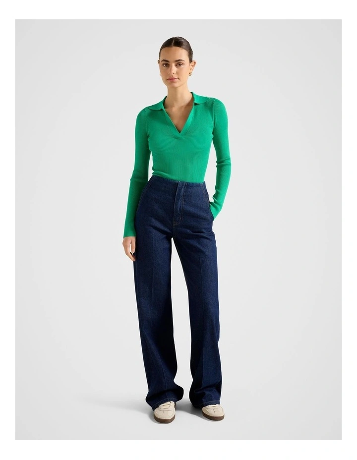 Zoey Scallop Detail Knitted Polo Top in Green image 5