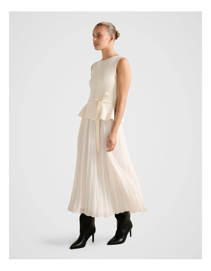 Luella Pleated Mixed Midi Dress in Cream image 3