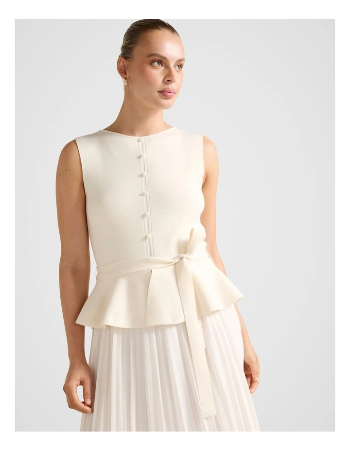 Luella Pleated Mixed Midi Dress in Cream image 4
