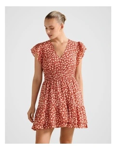 Fleur Flutter Sleeves Mini Dress in Red
