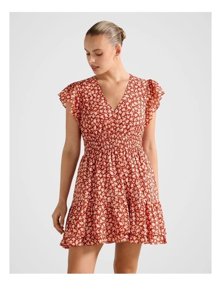 Fleur Flutter Sleeves Mini Dress in Red image 1