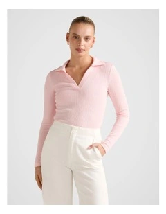 Anya Rib Long Sleeves Polo Top in Pink