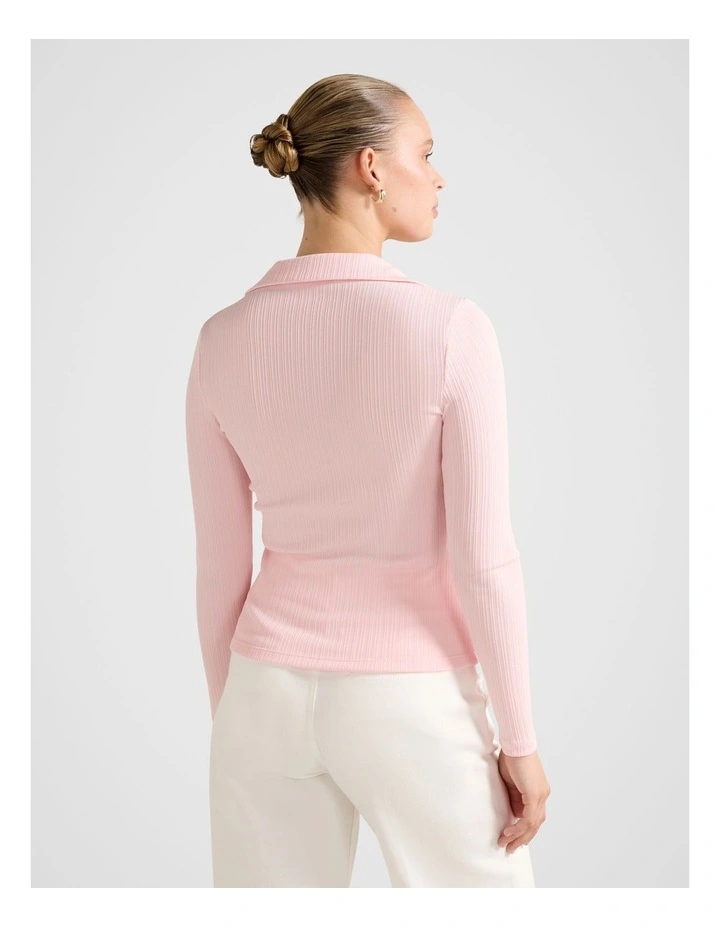 Anya Rib Long Sleeves Polo Top in Pink image 2