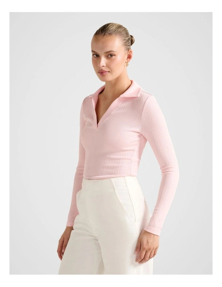 Anya Rib Long Sleeves Polo Top in Pink image 3