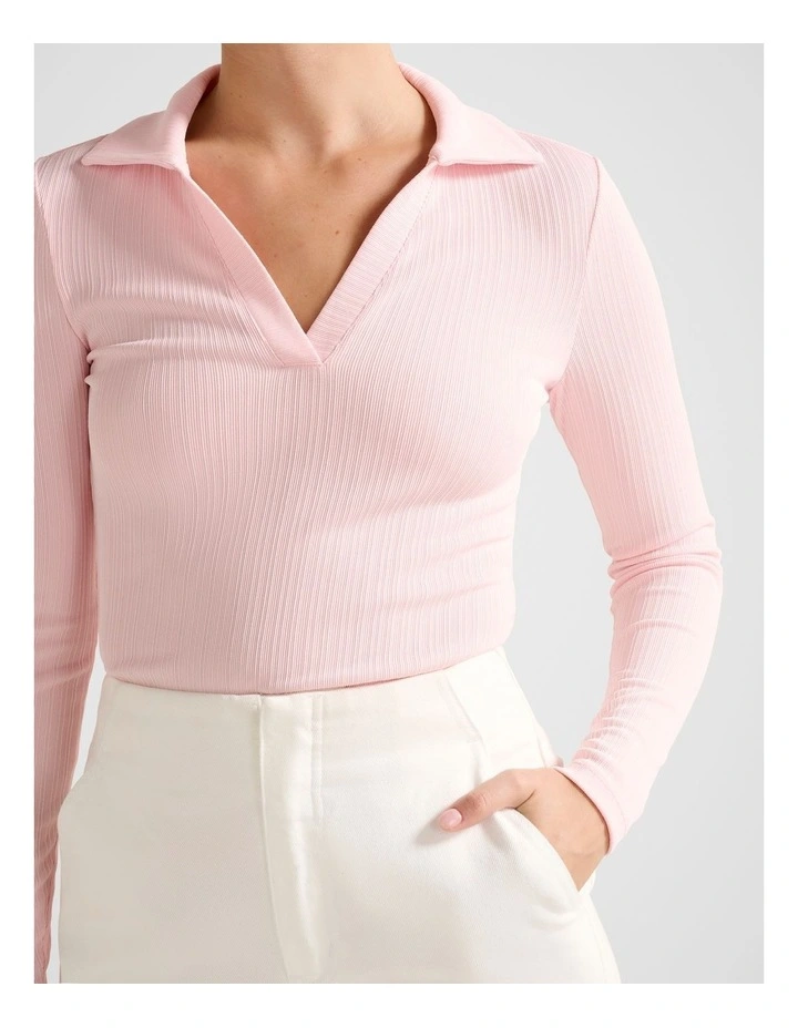 Anya Rib Long Sleeves Polo Top in Pink image 4