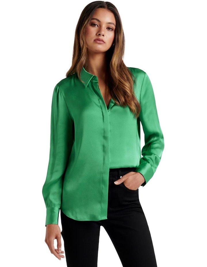 Forever New Clara Satin Shirt Shamrock Green | MYER