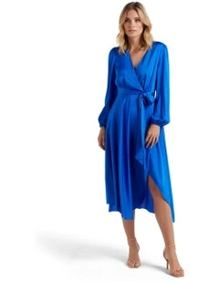 Marilyn Satin Wrap Midi Dress in Blue