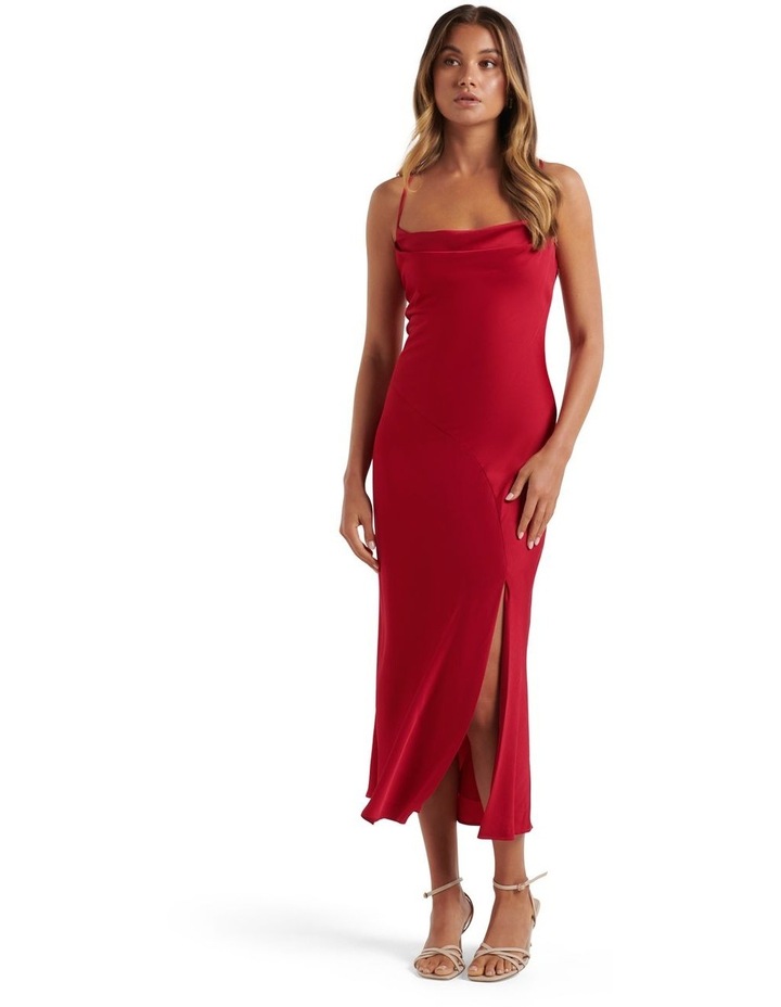 Opal Bias Cowl Satin Midi in Cherry Red