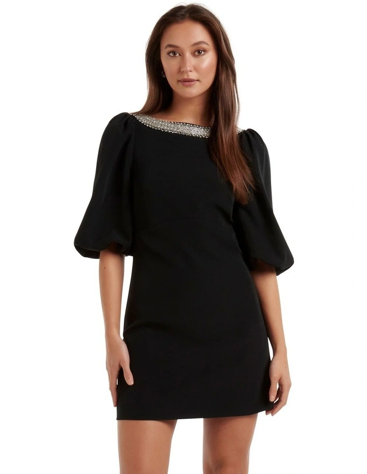 Maisie Embellished Neck Mini Dress in Black image 1
