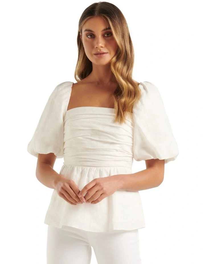 Rory Linen Puff Sleeve Blouse in White image 1