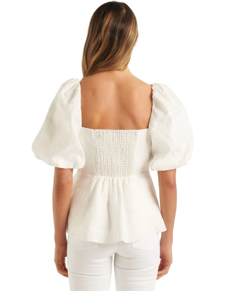 Rory Linen Puff Sleeve Blouse in White image 2