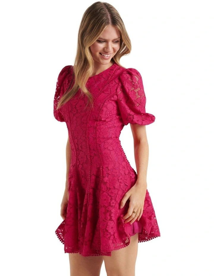 Milly Lace Trim Mini Dress in Bright Rose image 3