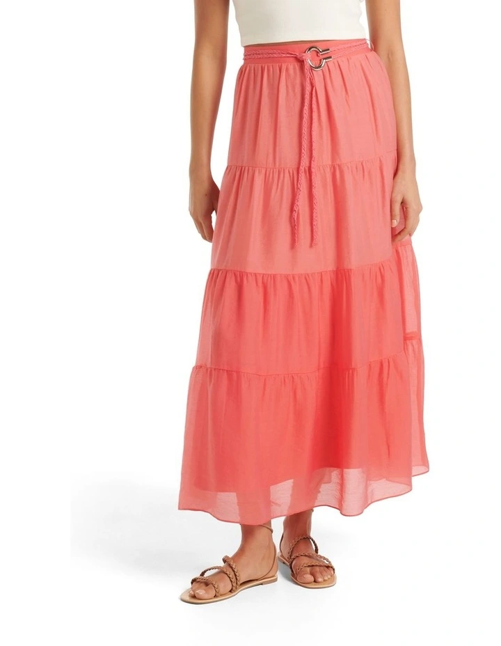 Maia Tiered Belted Midi Skirt in Pink image 1