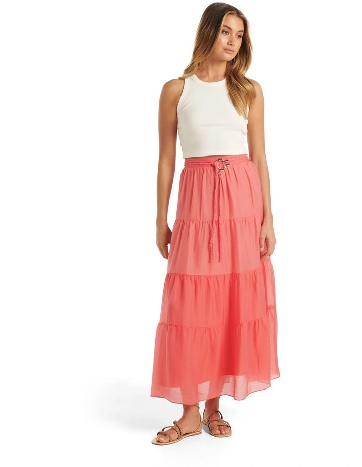 Maia Tiered Belted Midi Skirt in Pink image 5