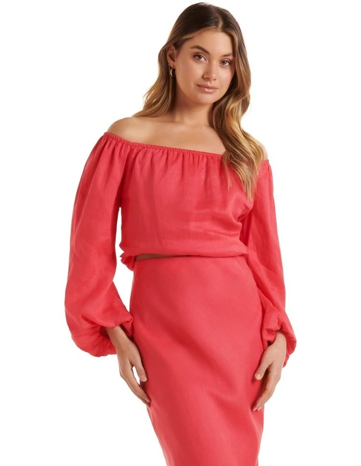 Giselle Linen Bardot Top In Raspberry Pink image 1