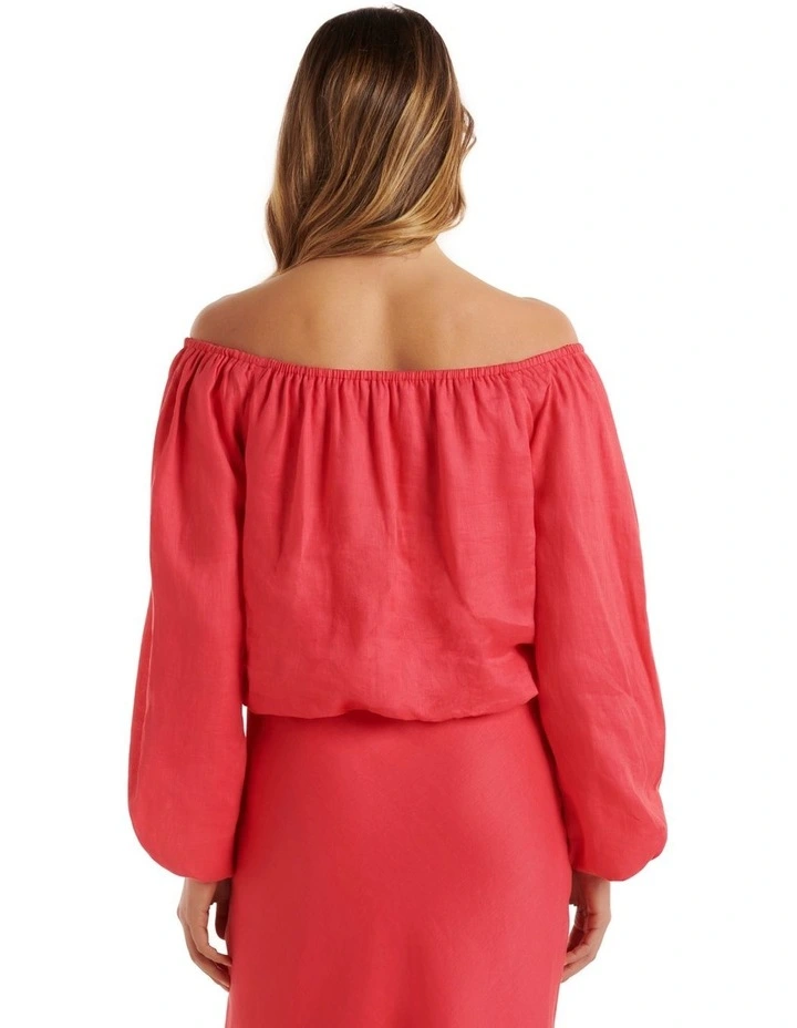 Giselle Linen Bardot Top In Raspberry Pink image 2
