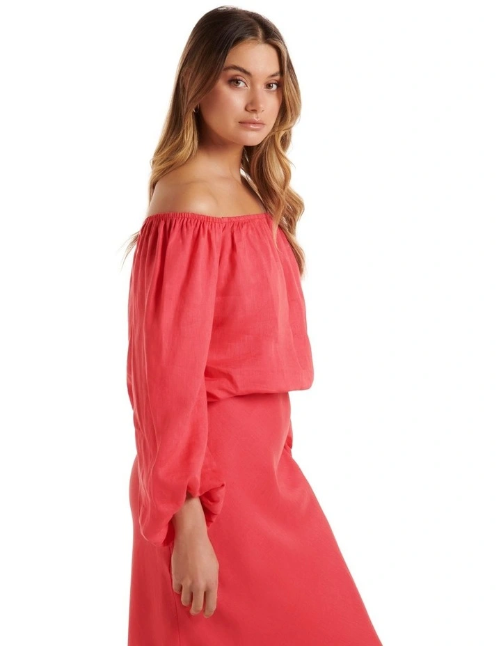 Giselle Linen Bardot Top In Raspberry Pink image 3