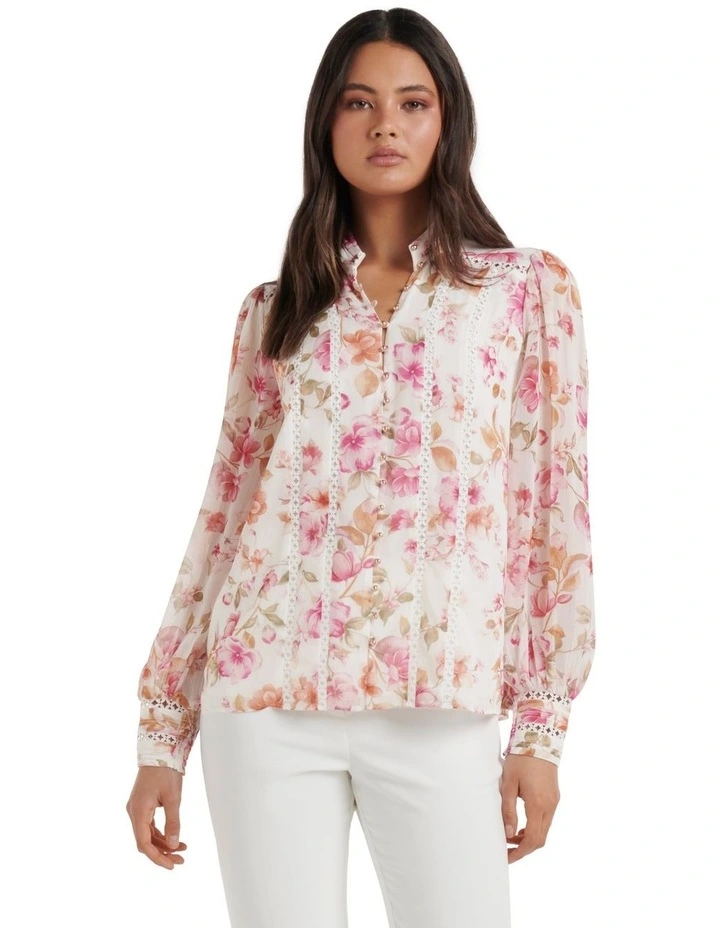 Fifi Printed Trim Spliced Blouse in Pink Holland Floral image 1
