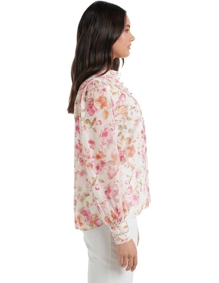 Fifi Printed Trim Spliced Blouse in Pink Holland Floral image 3