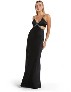 Anika Satin Diamante Trim Maxi Dress in Black