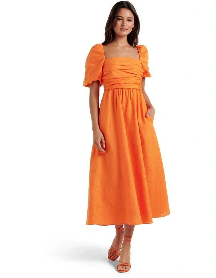 open lace back dress Lily Bloom Orange Floral Print Ruched Front Midi Dress