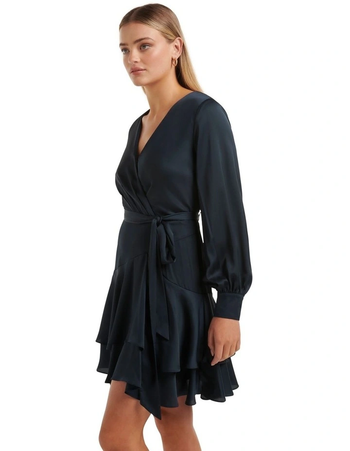 Forever New Emerson Long Sleeve Satin Mini Dress in Navy