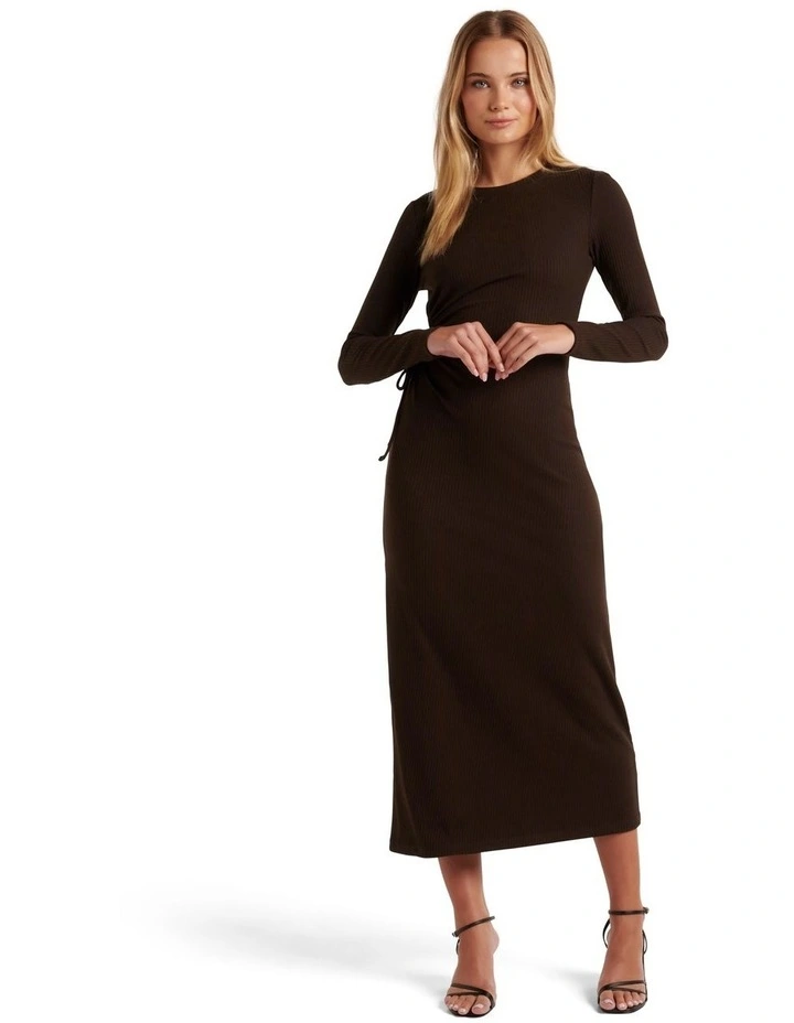 Dev Tie Side Long Sleeve Dress in Brown image 1