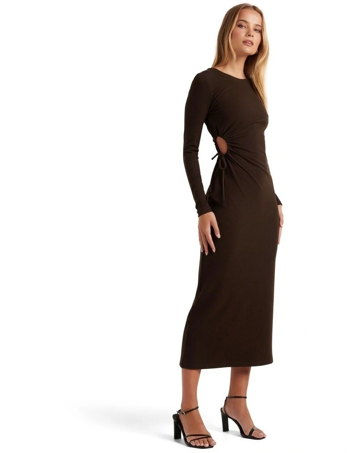 Dev Tie Side Long Sleeve Dress in Brown image 3