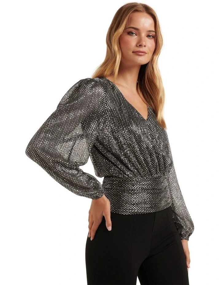 Sofia V-Neck Basque Top in Black Multi image 3
