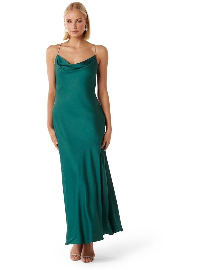 Hannah Diamante Strap Satin Dress in Green image 1