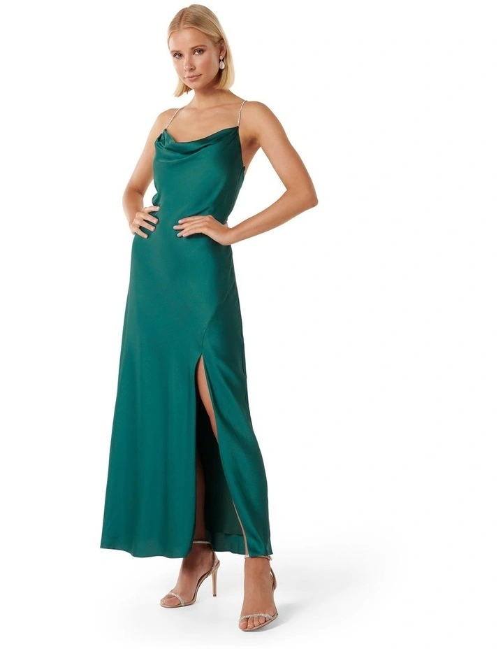 Hannah Diamante Strap Satin Dress in Green image 3