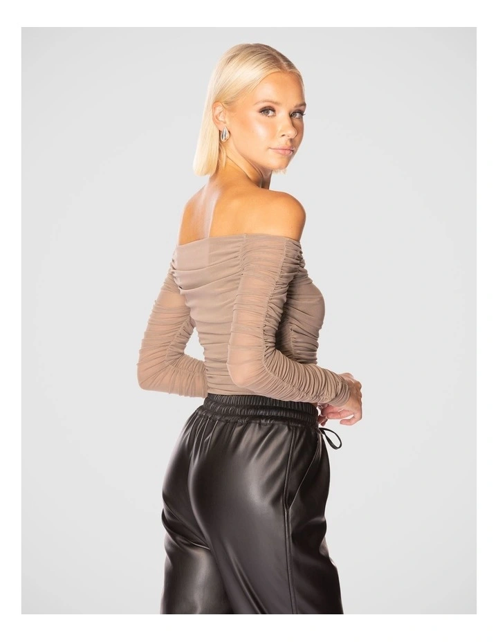 Kai Off Shoulder Mesh Top in Taupe image 3