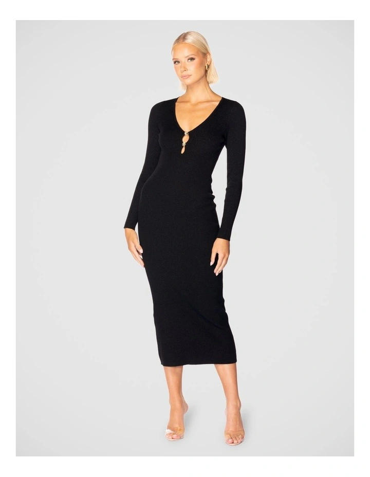 Madilyn V-Neck Knit Dress in Black image 1
