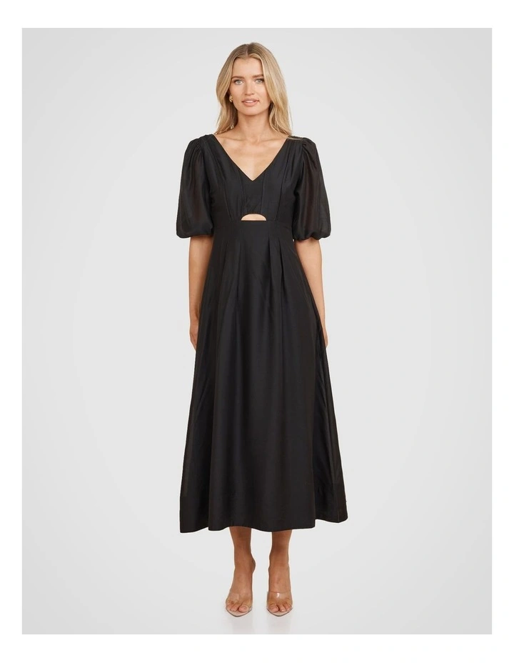 Clio Puff Sleeve Midi Dress in Black image 1