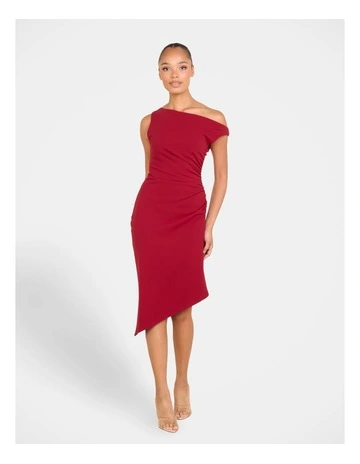 Peony Asymmetric Midi Dress in Red
