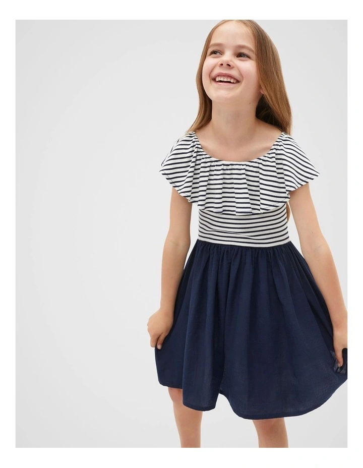 Ruffle Spliced Dress in New Navy image 1