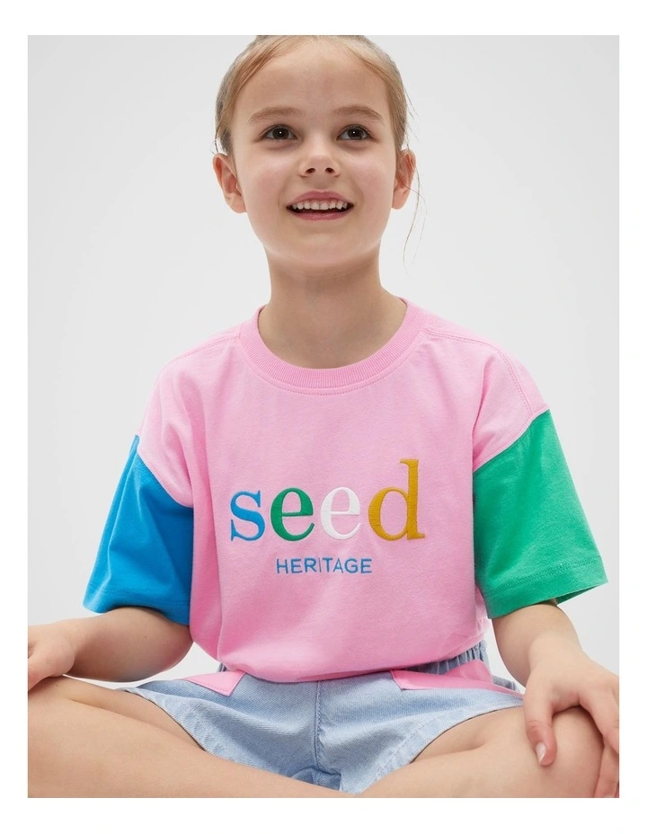 Colourblock Logo Tee in Candy Pink image 1